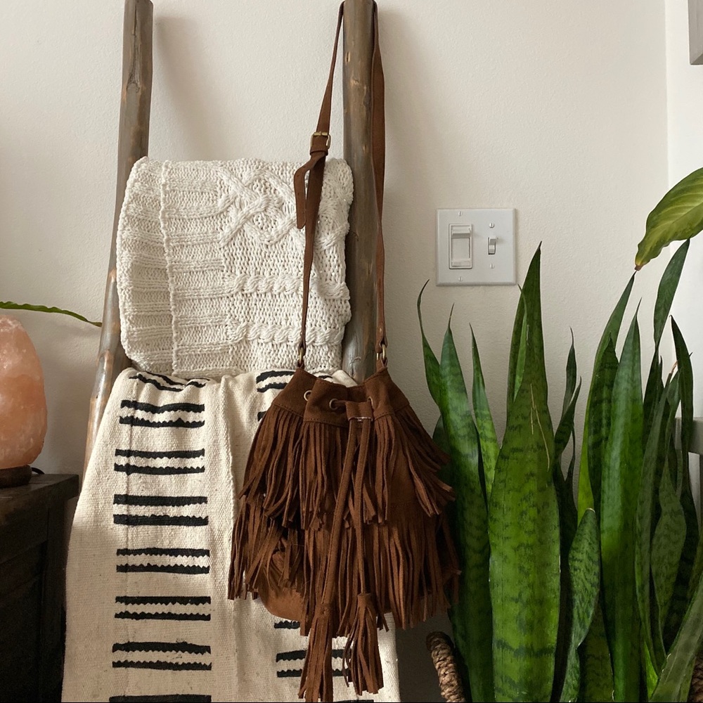 Brown fringe bucket bag